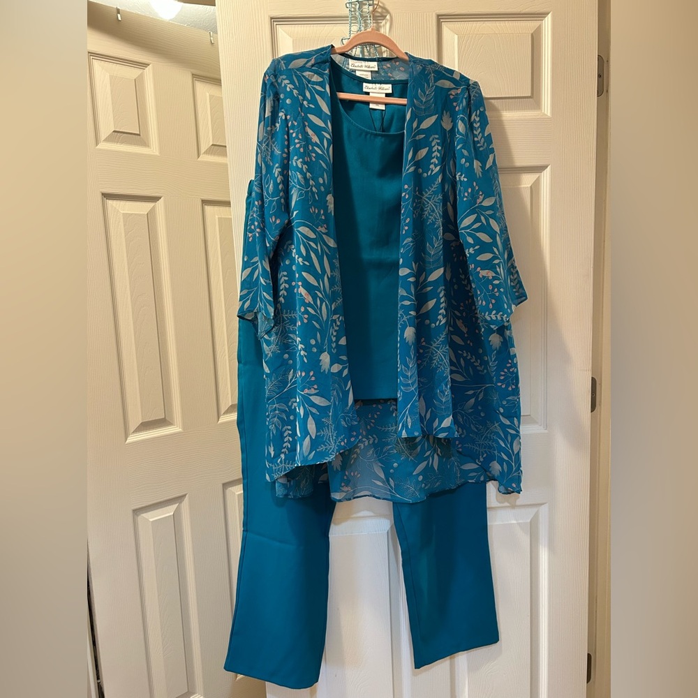 2XL Elizabeth Williams Blue Floral Sheer Kimono Cardigan Duster Set w/Pants Tank
